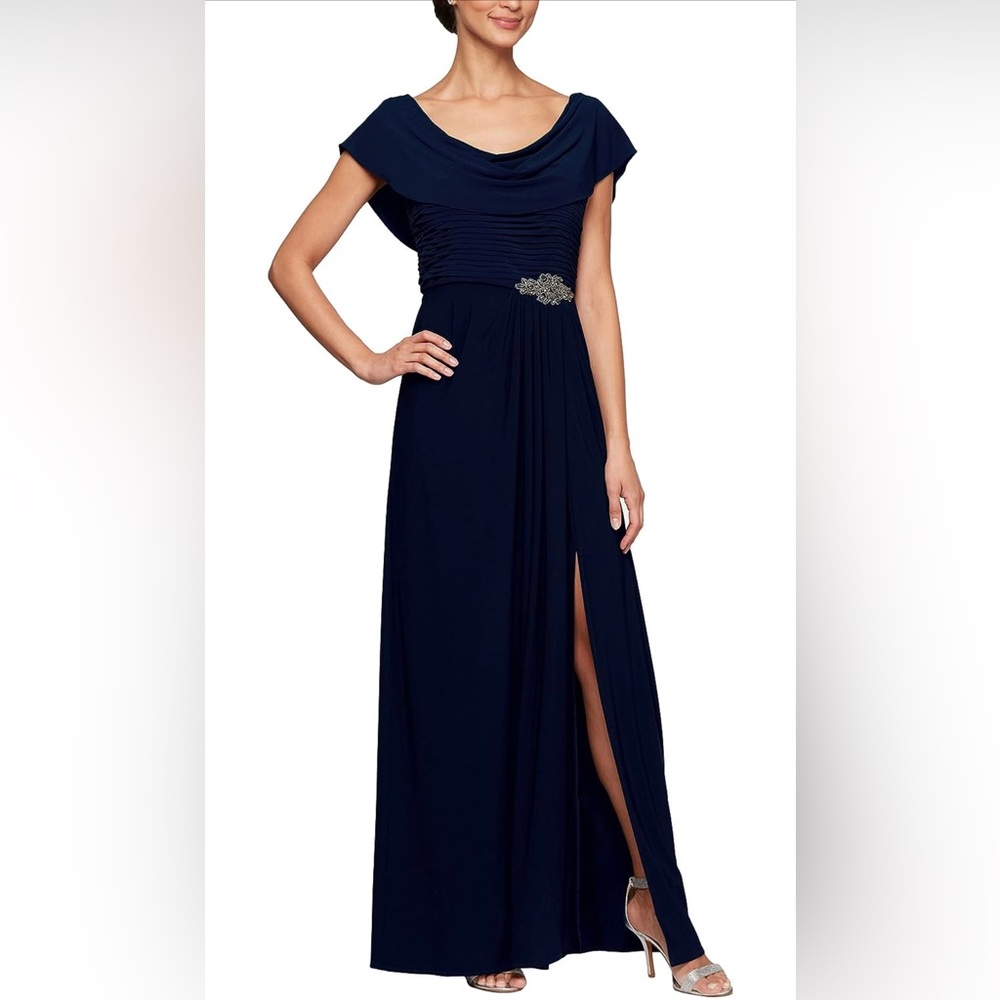 Alex Evenings Women's  Long Cowl Neck A-line Dress- Navy Blue - 12P